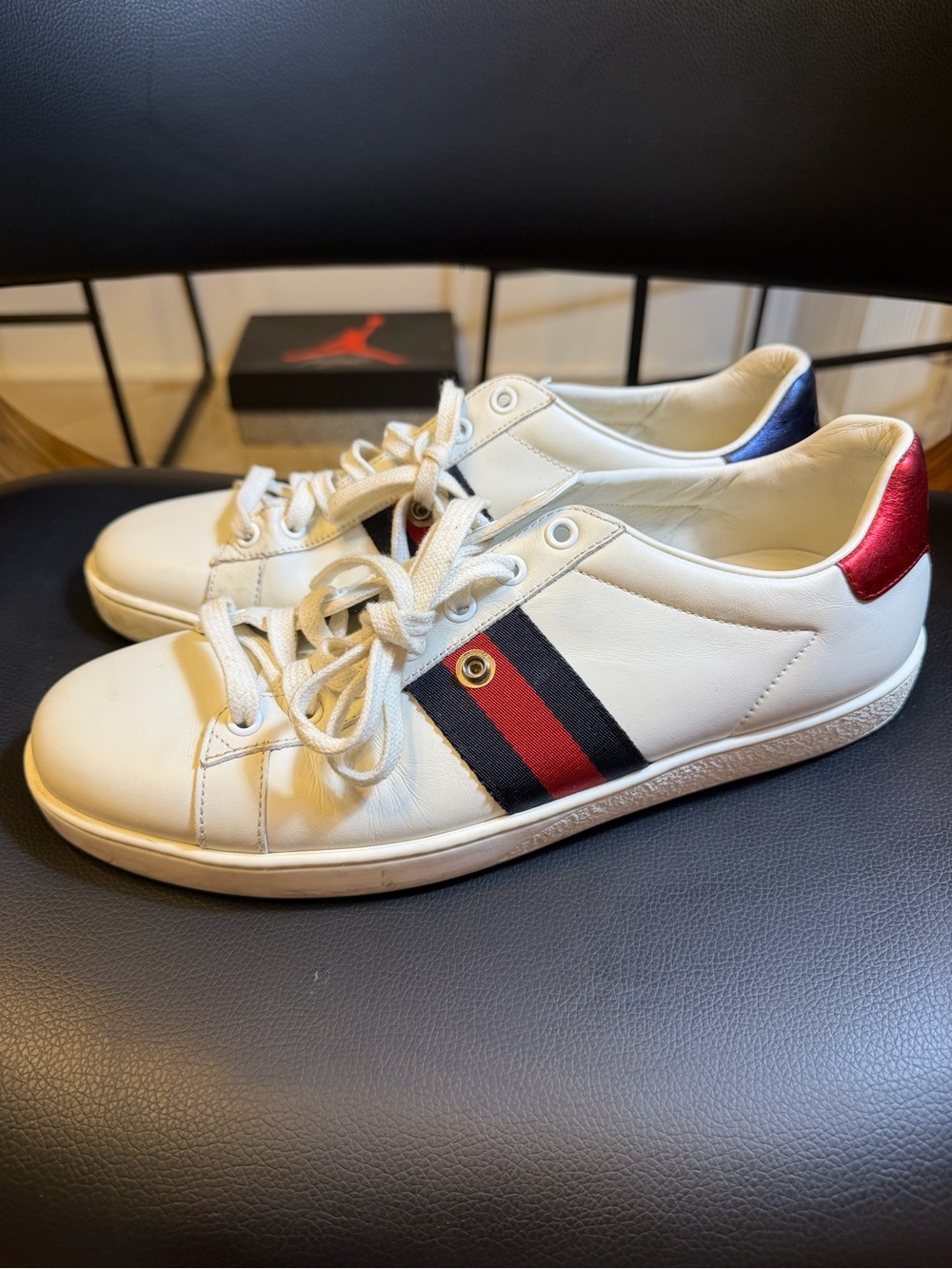 Gucci White Leather Sneakers with Red & Navy Stripe